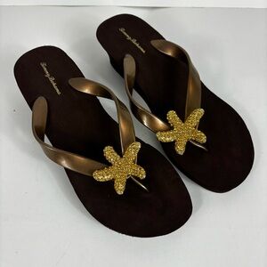 Tommy Bahama Starfish Wedge Sandal Womens 10 Brown Gold Y2K Bling Beach Coast